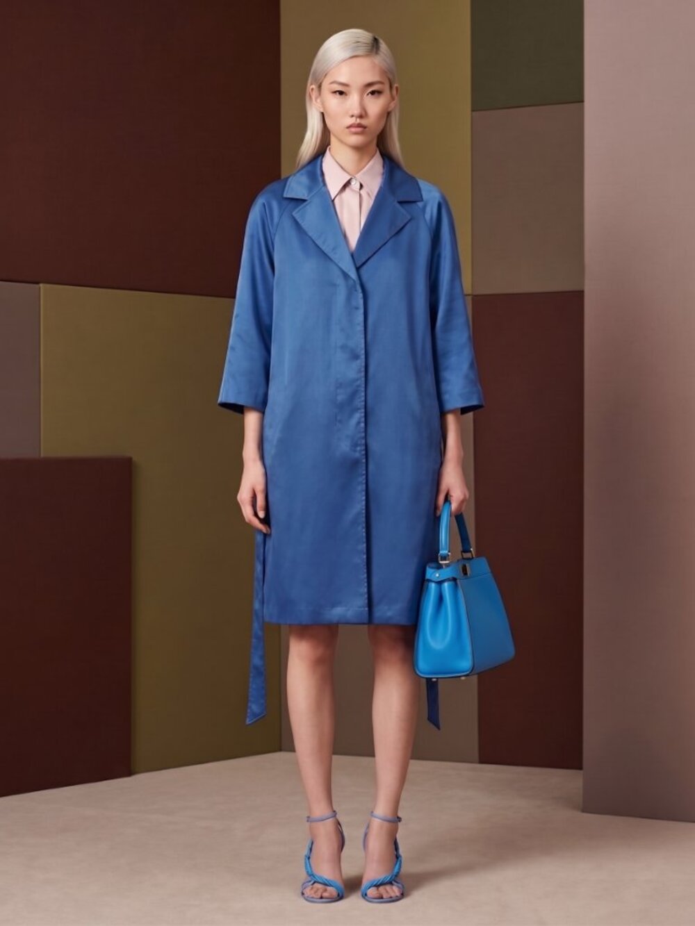 Satin Dress Trench Coat 3/4 Sleeves Lined Belted Y2K Royal Blue Evening